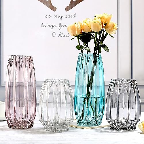 Lucky Bird Modern Ribbed Blue Glass Vase for Flowers, Candles, and Decorative Accents - Tall/Short for Centerpieces and Table Decor (12.0inch) - color: Blue, size: H-11.8inch