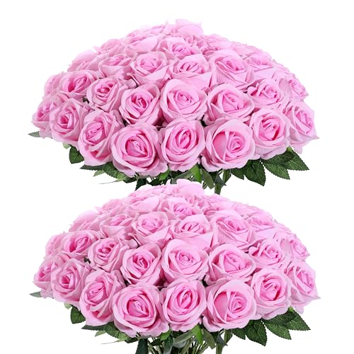 50Pcs Pink Roses Artificial Flowers Fake Roses Faux Velvet Silk Flower for Home Wedding Decoration (Pearl Rose, Gradient Pink) - color: Pearl Roses - Pink 50p