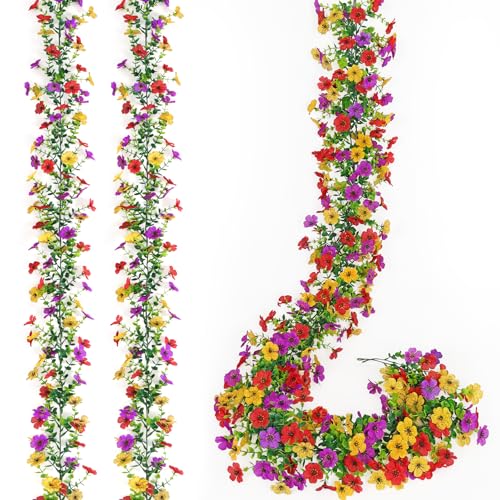 2 Pack Artificial Daisy Flower Garland,5.9FT UV Resistant Fake Floral Vine Silk Hanging Spring Summer Wild Flower Garland for Home Mantle Garden Wedding Backdrop Decor (Red Yellow Purple) - color: Red Yellow Purple, size: 2PCS