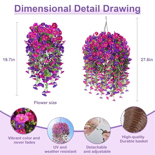 Artificial Hanging Flowers with Basket, 480 Blooms UV Resistant Faux Morning Glory Silk Plants, Fast & Easy Assembly Fake Hanging Baskets for Outdoor Porch Patio Garden Decor, Fuchsia - color: Fuchsia