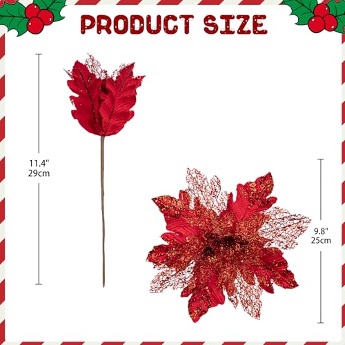 Briful 6PCS Poinsettias Christmas Tree Flowers 9.8'' Artificial Christmas Floral Picks and Sprays Large Red Silk Flowers with Stems for Xmas Home Vase Table Centerpiece Garland Decor - color: Red