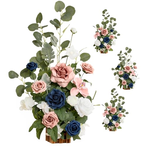 Ling's moment 17.5" Tall Standing Artificial Flowers Arrangements 4 pcs Wedding Aisle Runner Chair Decorations Dusty Rose Navy Centerpieces for Ceremony Reception Rose Floral Party Outdoor - color: Pk-dusty Rose & Navy
