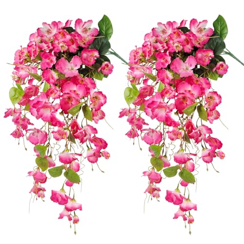 Artificial Fake Hanging Flowers Plants for Outdoor, Faux Silk Hibiscus Long Trailing Vines Realistic UV Resistant for Home Indoor Outside Front Porch Planter Patio Yard Decor,2Pcs (Pink) - color: Pink