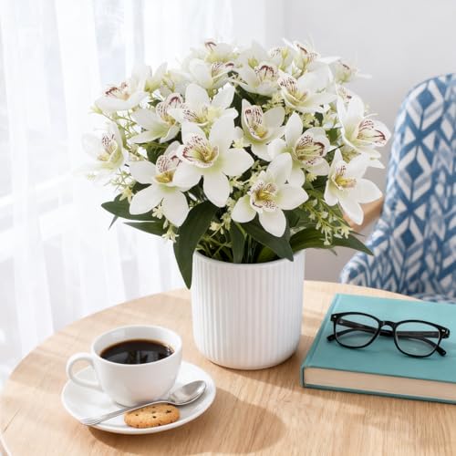 Coreland 12 Pcs Artificial Cattleya Flowers for Vase, Faux Silk White Flower Bouquets UV Resistant Fake Flowers for Indoor Home Decor, Floral Arrangement for Table Centerpiece Shelf Kitchen Bathroom - color: White - 12 Pcs