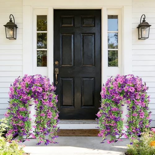 Roberly 4 Pcs Artificial Hanging Flowers for Outdoors, Realistic Faux Silk Flowers UV Resistant Fake Greenery Plants for Spring Summer Garden Porch Indoor Outdoor Home Decor, Purple - color: Purple