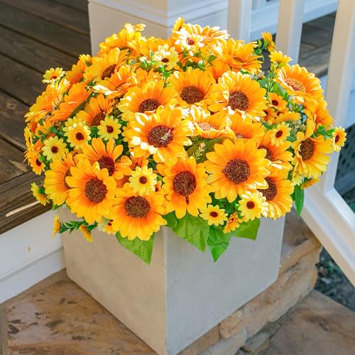 Sunflowers Artificial Flowers, 10 Bunches Fake Sunflower Artificial Flowers for Outdoors Spring Summer Decoration Look Real UV Resistant Fake Flowers for Home Porch Garden Wedding Party Office Indoor - color: Sunflowers