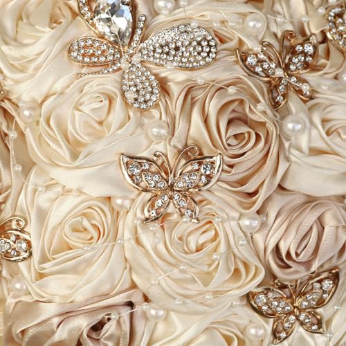 Handmade Wedding Flowers Bouquet Round Holding Bridal Bouquet Artificial Satin Roses Bunch for Bride Bridesmaid Wedding Quinceanera - color: Cream & Camel, size: Medium (Dia. 8.7"/22cm)