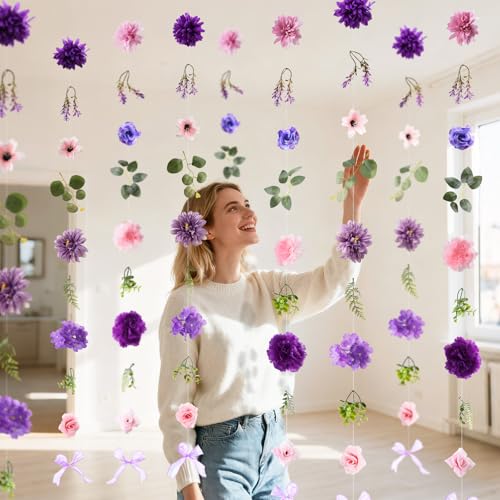 Livole 6Pcs 36Ft Hanging Flower Garland with Bow Wildflower Garlands Backdrop Silk Artificial Fake Floral Vines for Wedding Bridal Party Birthday Arch Wall Home Garden Decor(Purple) - color: Pinkish Purple, size: 6Pcs