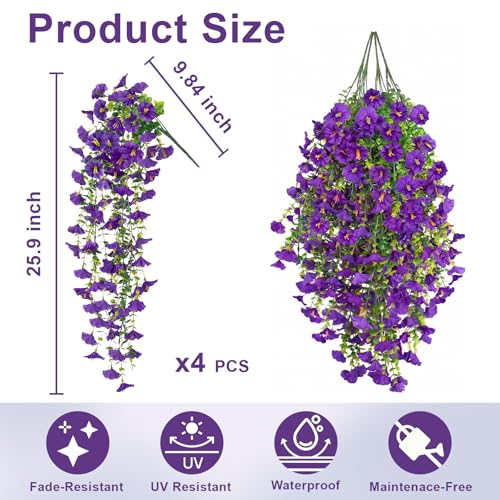 Artificial Hanging Flowers for Outdoor, 4Pcs UV Resistant Faux Morning Glory Flower Spring Summer Decroation, No Fade Fake Flower Trailing Vine for Porch Patio Balcony Yard Garden (Purple) - color: Purple