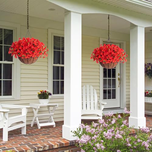 Ivydale Artificial Faux Hanging Flowers Plants Baskets for Outdoors Outside Spring Decoration, Fake Silk Red Morning Glory UV Resistant Look Real for Front Door Porch Patio Balcony Yard Garden Home - color: Red