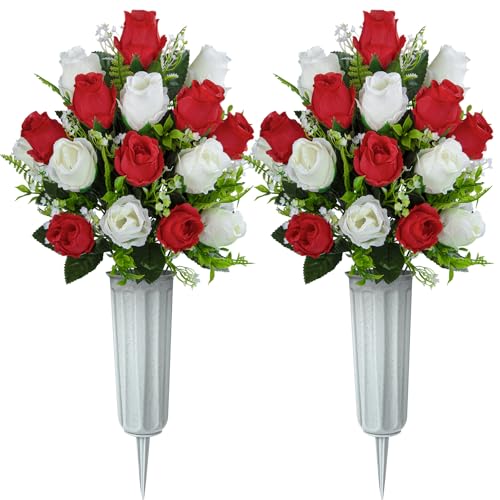 XONOR Artificial Cemetery Flowers for Grave Decorations, Artificial Memorial Roses Flowers Bouquet with Vase for Cemetery Headstones Decoration, 2 Sets (Red&White) - color: Red&white