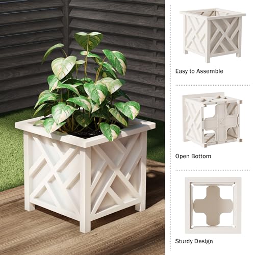 Lattice Design Outdoor Planter Box - 14.75” Square 13” Tall White Plant Pot - Decorative Plant Pots for Front Porch Decor - Flower Pots Outdoor Planters for Porch Patio or Garden Decor by Pure Garden