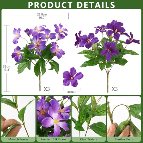 Homsunny Artificial Flowers for Outdoor, 6PCS Fake Silk Flowers | UV Resistant Realistic Faux Plants Flowers for Front Door Porch Planter Patio Yard Garden Spring Decor, Double Purple - color: Deep Purple+ Light Purple
