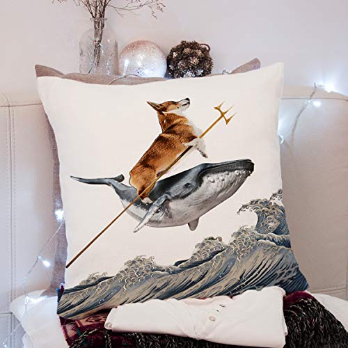 Fokongna Funny Throw Pillow Covers, Whale Corgi Pillowcase Decor, Aquadog The Corgi Rides a Whale Dog Throw White Pillowcase for Bed Sofa Living Room, Indoor and Outdoor use 18 x 18 inches - color: Dog Throw