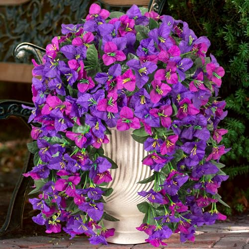 2 pcs Artificial Faux Bougainvillea Flowers Plants for Outdoor Outside Summer Decoration, Fake Silk UV Resistant Long Trailing Vines for Front Door Porch Planter Balcony, Deep Purple Deep Lotus - color: Dark Purple Dark Lotus