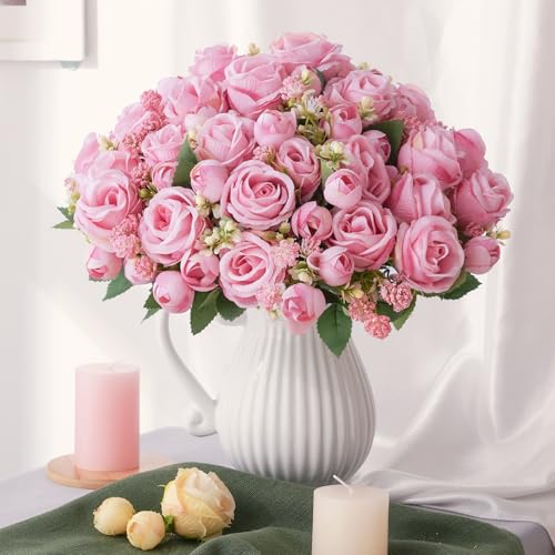 Yastouay Fake Roses Artificial Flowers, 2 Pack Rose Fake Flowers for Decoration, Real Touch Pink Roses Bouquets Silk Flowers for Vase Centerpiece Table Wedding Party Bridal DIY Decor