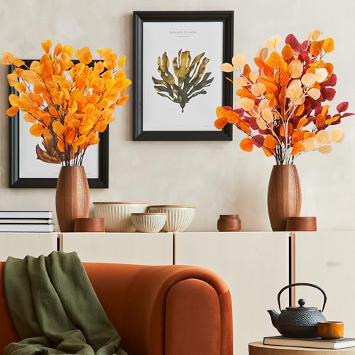 7PCS Long Artificial Eucalyptus Stems 35.4" Tall Fake Fall Red Branches With Apple Leaves Faux Plants Bouquet Floral Arrangements Accessories For Home Fireplace Office Farm Festival Decoration - color: Red