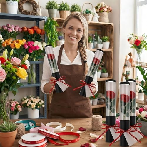 Norme 20 Sets Mother Day Artificial Rose Flowers with Single Cone Boxes, Realistic Touch Velvet Fake Rose Wrapping Bag Bouquet Packaging Sleeves for Teacher Gifts DIY Gift Supplies