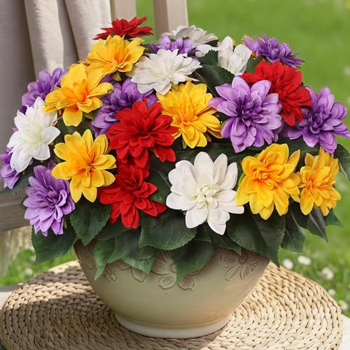 VIERENA 8 Bundles Artificial Dahlia Flowers for Outdoors Spring Summer Decor, No Fade Silk Flower Faux Dahlias Plant Arrangement for Home Garden Balcony Farmhouse（Mixed Color） - color: Mixed Color