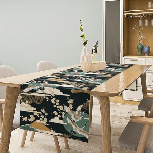 Cranes Table Runner, Japanese Cherry Blossoms Print Asia Oriental Theme Table Runner for Home Party Dining Banquet 13x36in - color: Crane-2, size: 13x36in