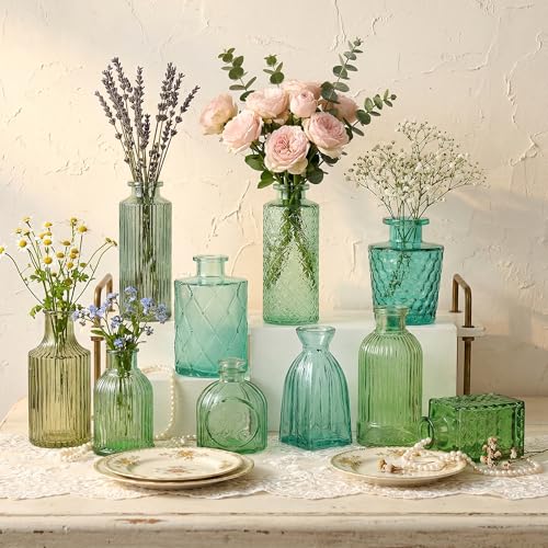 30Pcs Green Glass Bud Vases, Wedding Table Decor, Bulk Housewarming Gift | Green bud vases in bulk, Rustic embossed, Vintage-styled glass vases for centerpieces, 15 unique vintage styles(2 per design) - color: Green Series