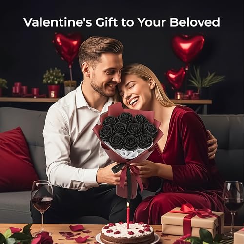 Auihiay 14PCS Black Artificial Roses, Velvet Silk Roses Bouquet with Long Stems for Valentine's Day, Gothic Wedding, Halloween Decor, Home & Event Arrangement - color: Black