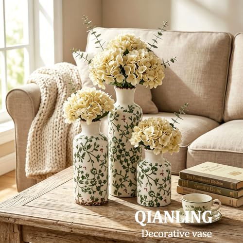 Green Ceramic Vase Set - 3 Chinoiserie Green Floral Vases, Farmhouse Country Flower Vase Home Decor, Living Room Decoration, Table Decoration, Fireplace Decor, and Entrance Decorations Centerpiece - color: Green