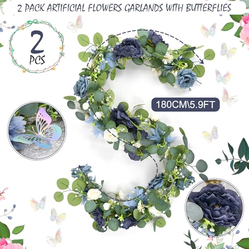 Eucalyptus Garland with Flowers - 2 Pack 5.9 FT Fake Flower Garland with Butterflies Faux Rose Greenery Garlands for Wedding Table Backdrop Arch Centerpieces Decorations - Navy Blue - color: Navy Blue, size: 2 Pack