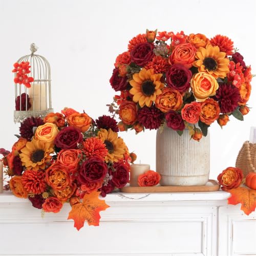 8 Pcs Mixed Autumn Artificial Peony Flower Set-4 Bouquets & 4 Stems, Burnt Orange Wine Red Fake Peony Sunflower Silk Flower for Fall Table Centerpiece Farm Wedding Thanksgiving Halloween Home Decor - color: Burnt Orange & Burgundy, size: Mixed 8pcs