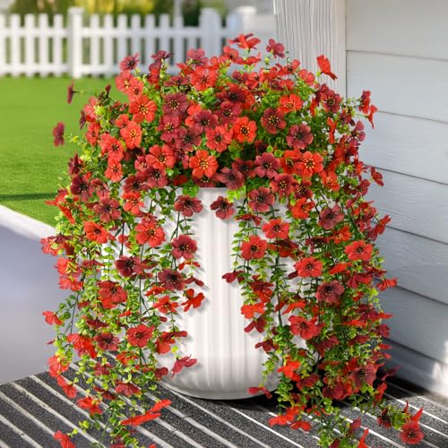 Artificial Hanging Flowers for Outdoors, 2 Pcs Fake Hanging Plant for Spring Decoration, UV Resistant No Fade Faux Silk Daisy Flower for Planter Porch Patio Yard Garden Outside Decor(Red Brown) - color: Red Brown