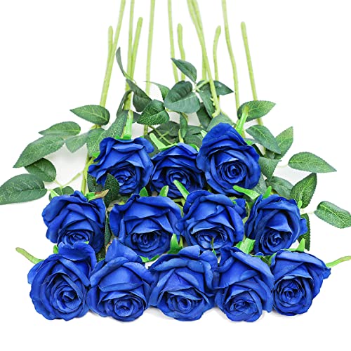 Tifuly Royal Blue Roses Artificial Flowers -12 pcs Realistic Single Long Stem Fake Silk Roses Bouquet for Party Home Wedding Centerpiece Office DIY Decor - color: Royal Blue