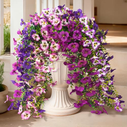 Fake Artificial Flowers for Outdoors, 4 Pcs Faux Hanging Pansy Flowers Spring Summer Decor, UV Resistant No Fade Fake Plants Silk Flower for Planter Front Door Porch Patio Yard Garden(Mixd Purple) - color: Mixd Purple