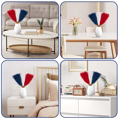 Watayo 45 Pcs Patriotic Faux Pampas Grass Decor, 17" Fluffy 4th of July Artificial Pompous Grass Vase Filler, Red White and Blue Fake Pampas Stems Branches for Independence Day Memorial Day Decoration