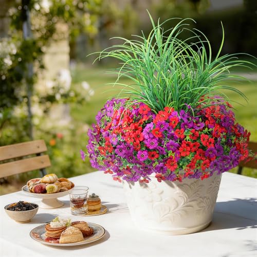 INQCMY Artificial Flowers for Outdoors UV Resistant, 14 Bundles Fake Plants Realistic Silk Flowers with Faux Ferns for Outside Planters Home Porch Patio Garden Back Yard Spring Summer Decoration - color: Light Purple Red