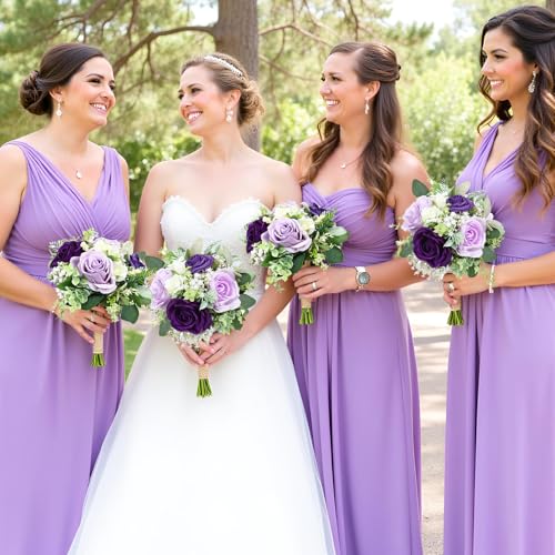 Purple Bridesmaids Bouquets Set of 6 - 7 Inch Artificial Flowers Bridesmaid Bouquet for Wedding Pre-Made Rustic Rose Small Floral Bouquets for Bridal Shower Marriage Proposal Party Anniversary Decor - color: Purple, size: 6pcs