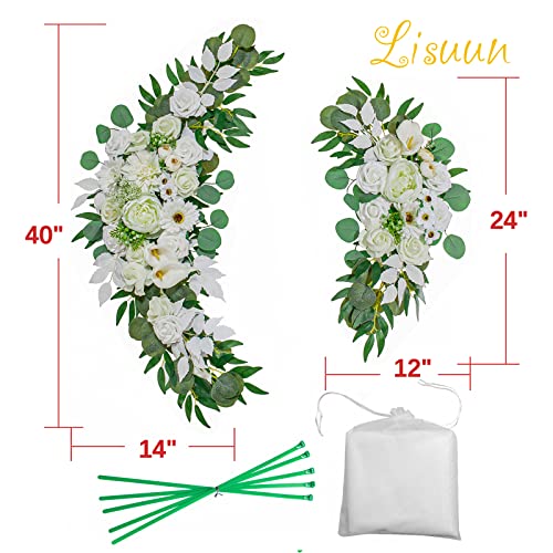 Lisuun Artificial Wedding Arch Flowers with Chiffon Runner, Pack of 3 | Includes 2 Flower Swags, 1 20ft Chiffon Runner and Zip Ties for Wedding Arches, Arbors and Backdrops - color: Pure White & Ivory White