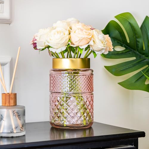 2-Pack Flower Vase Glass, 7.6 '' Pink Fluted Vase with Golden Metal Top, Valentine's Day Stylish Decorative Vases for Tabletop Centerpiece, Kitchen, Living Room, Bedroom, Bathroom, Gift for Mom - color: Pink