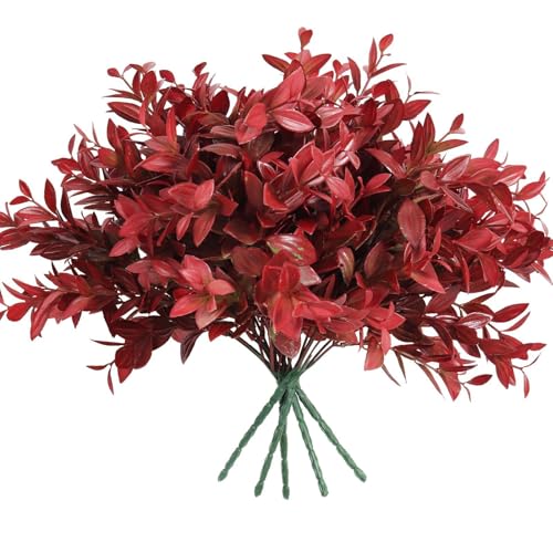 6 Bundles Artificial Fall Greenery Stems for Vase, 14.5" Fake Red Lucky Bamboo Leaves Faux Outdoor UV Resistant Shrubs Plants for Home Garden Patio Porch Farmhouse Pathway Thanksgiving Indoor Decor - color: Red