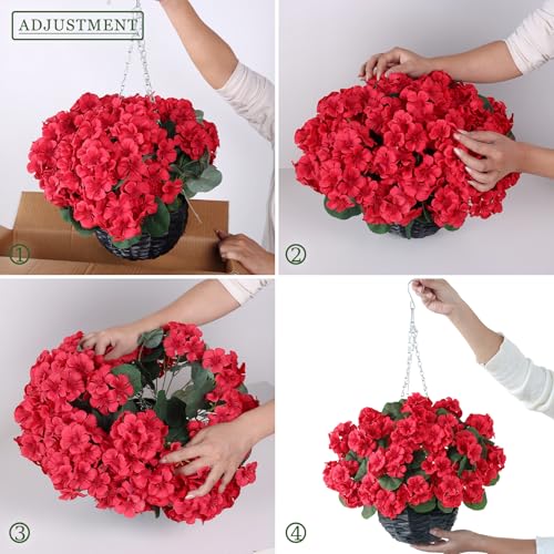 GLIDLION 2 Set Artificial Geraniums Flowers with Hanging Baskets for Outdoors - Sun Resistant Silk with Geranium Flowers, Fake Hanging Planters for Front Porch Garden Patio Home Decor (Red) - color: Red