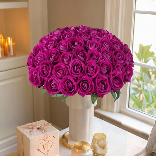 50 PCS Roses Artificial Flowers, Fake Roses with Stem Realistic Magenta Silk Roses for DIY Wedding Bouquets Table Centerpieces Arrangements Baby Shower Birthday Home Decor Valentine's Day Gift for Her - color: Magenta