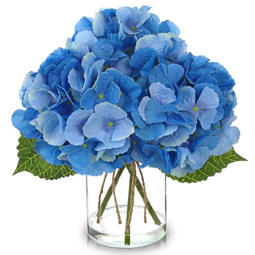DILATATA Hydrangea Artificial Flowers with Glass Vase, Blue Real Touch Silk Hydrangea Arrangement with Faux Water, Small Faux Floral Centerpiece for Home Decor, Wedding, Bathroom, Shelf, Coffee Table - color: Blue-hydrangea
