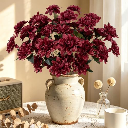 16 PCS Dahlia Artificial Flowers Burgundy Silk Bouquet Faux Chrysanthemum Flowers Arrangement Fake Red Flowers with Stems for Vase Home Centerpieces Tables Kitchen Wedding Decor - color: Burgundy
