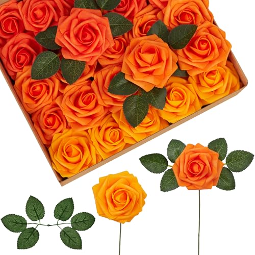 InnoGear Artificial Flowers, 50 Pcs Shades of Orange Foam Fake Roses Bulk with Stems for Autumn Fall Decoration DIY Wedding Bouquets Centerpieces Bridal Shower Party Christmas Tree - color: Shades of Orange