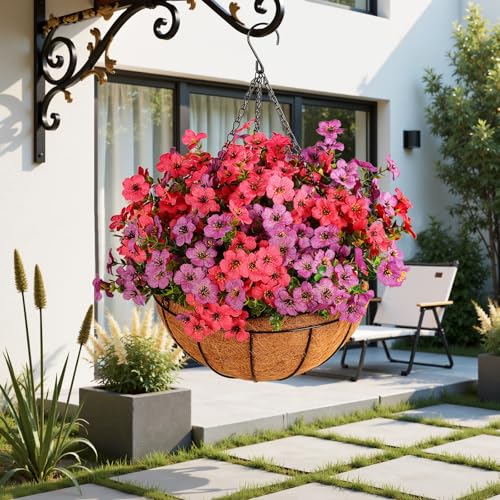 Artificial Outdoors Flowers with Hanging Basket, UV Resistant Fake Hanging Flowers for Spring Summer Decoration, Faux Silk Plants with Planters for Porch Home Patio Balcony Yard (Rose Red, Purple) - color: Purple&rosered, size: 1PCS