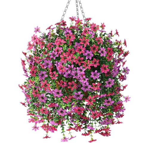 INQCMY Artificial Faux Hanging Flowers Plants Basket for Outdoor Outside Spring Summer Decoration,UV Resistant Fake Silk Daisy in Planter Resistant Look Real for Home Porch Balcony Patio Yard Decor - color: Purple Red Light Purple
