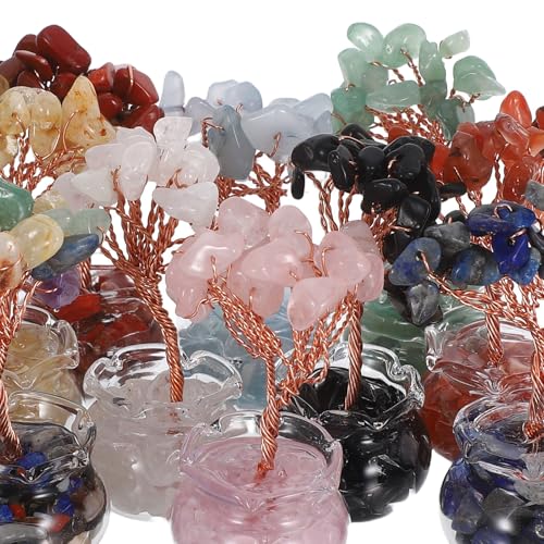 12Pcs Mini Crystal Money Tree Set for Desk Feng Shui Ornament with Crystal Stones Chinese Wealth Tree Desktop Decor for Home Office New Year Gift