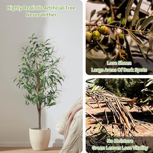 Artificial Olive Tree, 4FT Tall Faux Olive Trees 48in Outdoor Fake Potted Silk Plant with Trunk and Realistic 436 Leaves and 16 Fruits for Modern Office Home Decor（1pack） - color: 1pack, size: 4ft