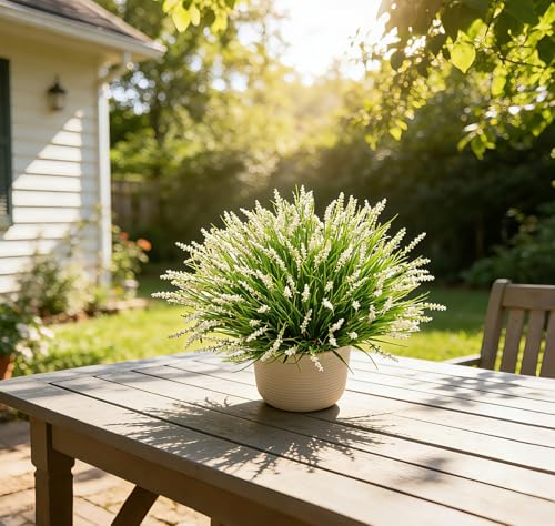 Outdoor Faux Plants, 12 Pcs Fake Plant UV Resistant Monkey Grass Lavender Flowers, Artificial Greenery Shrubs Bush for Outside Planter Patio Garden Front Porch Door Yard Spring Summer Decor, White - color: White