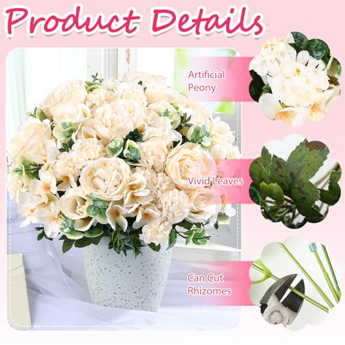 Olgaa 12 Bundles Peonies Artificial Flowers Silk Flowers Faux Peony Fake Peony Hydrangea Flower Bouquet Bulk for Vase Filler Centerpiece Table Decorations Wedding Arch Flowers (Champagne) - color: Champagne