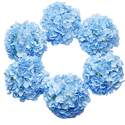 DuHouse Artificial Hydrangea Silk Flower Heads with Stem Fake Blue Hydrangea Bigger Flowers for Wedding Home Garden Centerpiece Pack of 6 - color: Blue